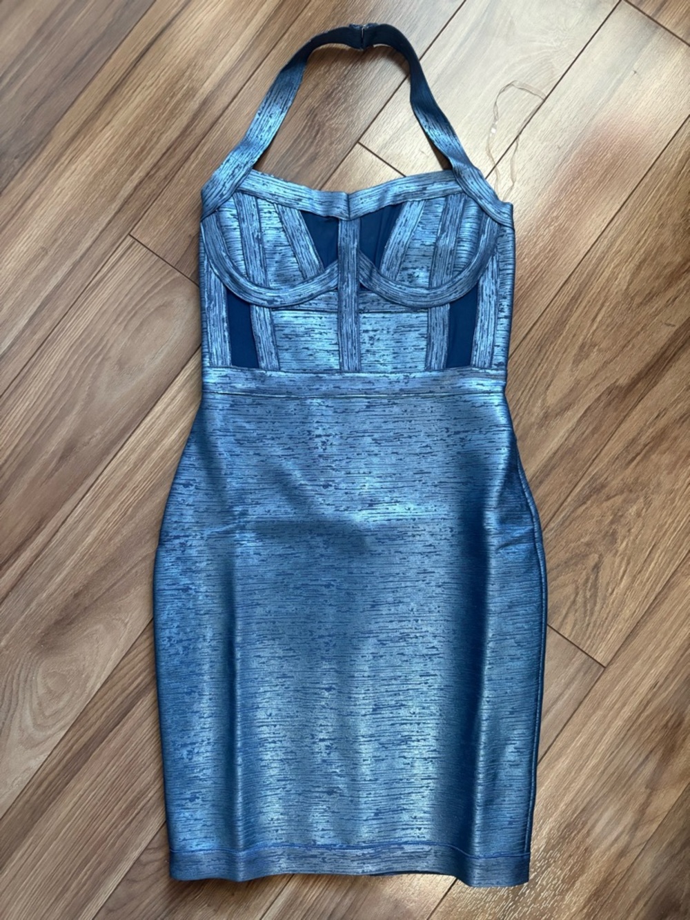 Metallic Blue Halter Bodycon Dress - Picture 3 of 4